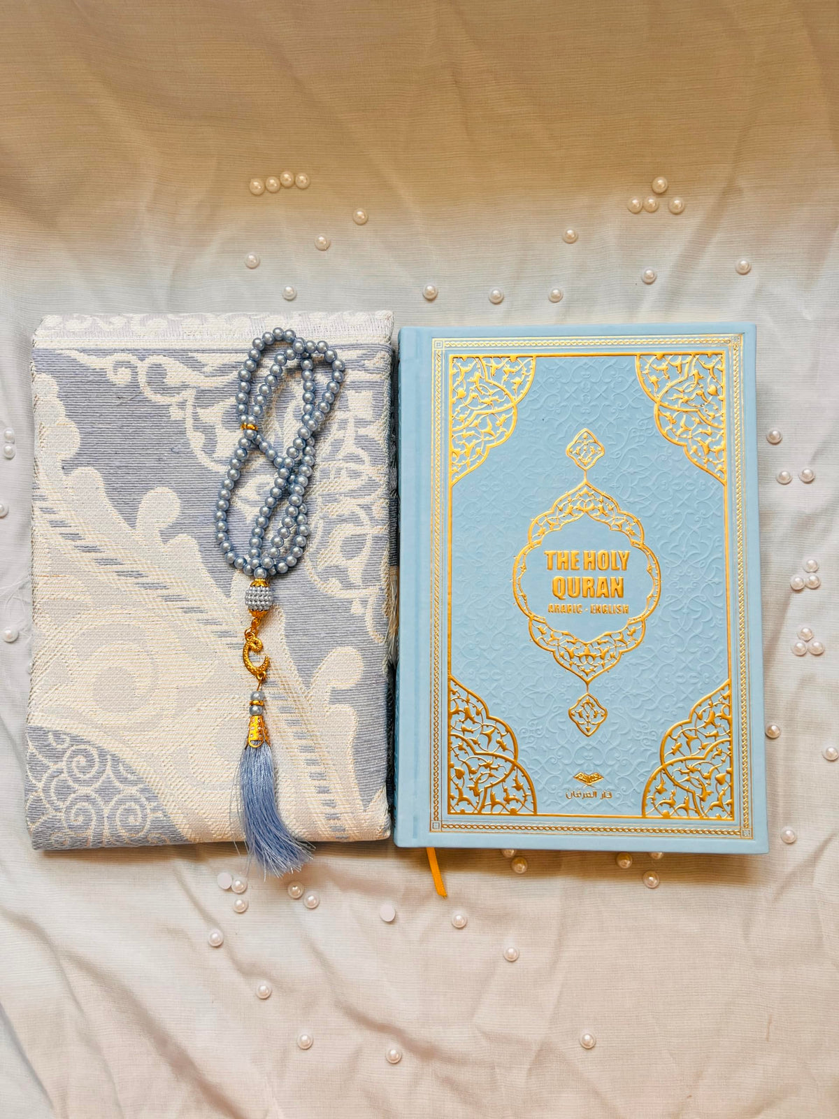 English Translate Thermo Leather Covered Quran, Tafta Prayer Mat and Beads Set |Quran