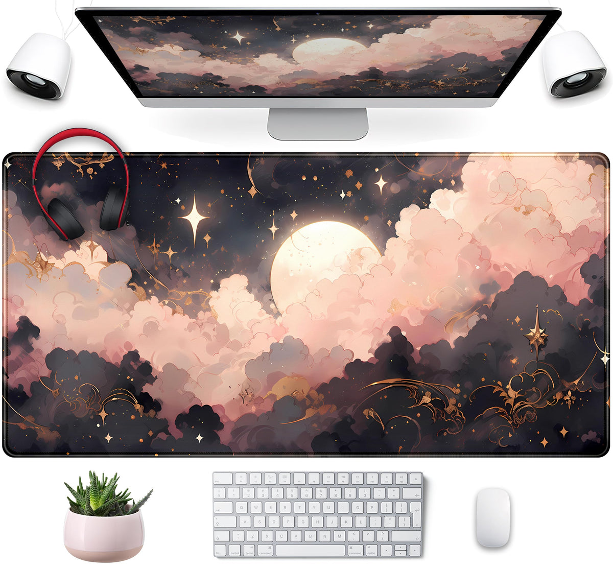Pink Black Clouds Desk Mat XXL Large Extended Gaming Mouse Pad Celestial Mousepad with Stitched