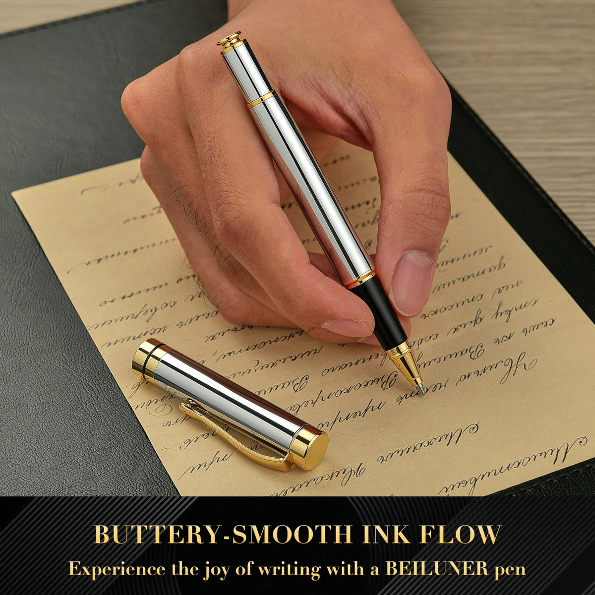 BEILUNER Personalized Pen, Bright Silver Chrome Metal Pen with Golden Trim