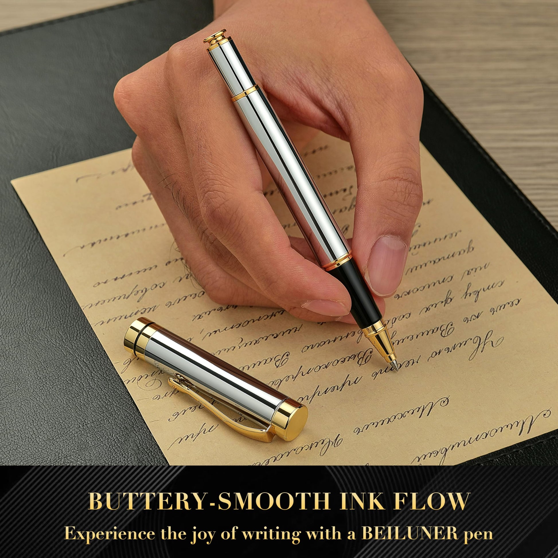 BEILUNER Personalized Pen, Bright Silver Chrome Metal Pen with Golden Trim