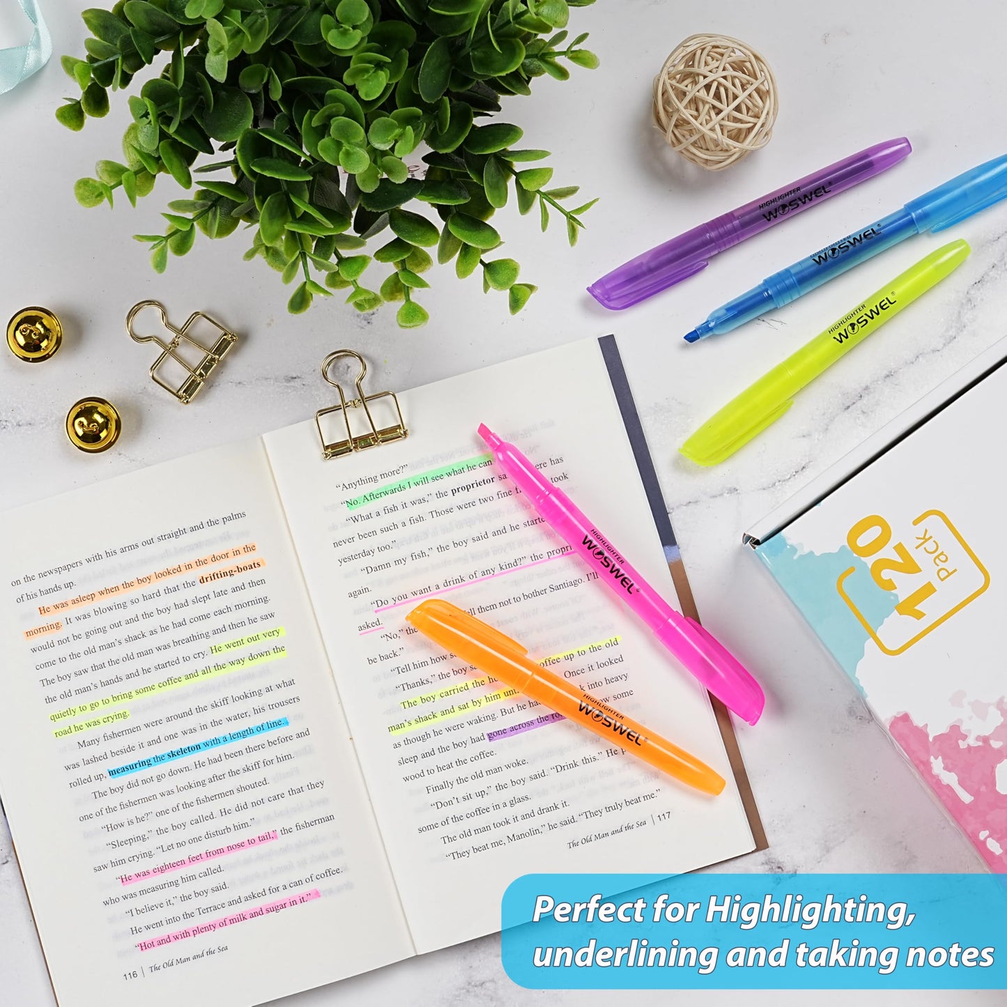 WOSWEL Highlighters Bulk, 120 Pack 6 Assorted Colors No Bleed Chisel Tip Highlighter Markers
