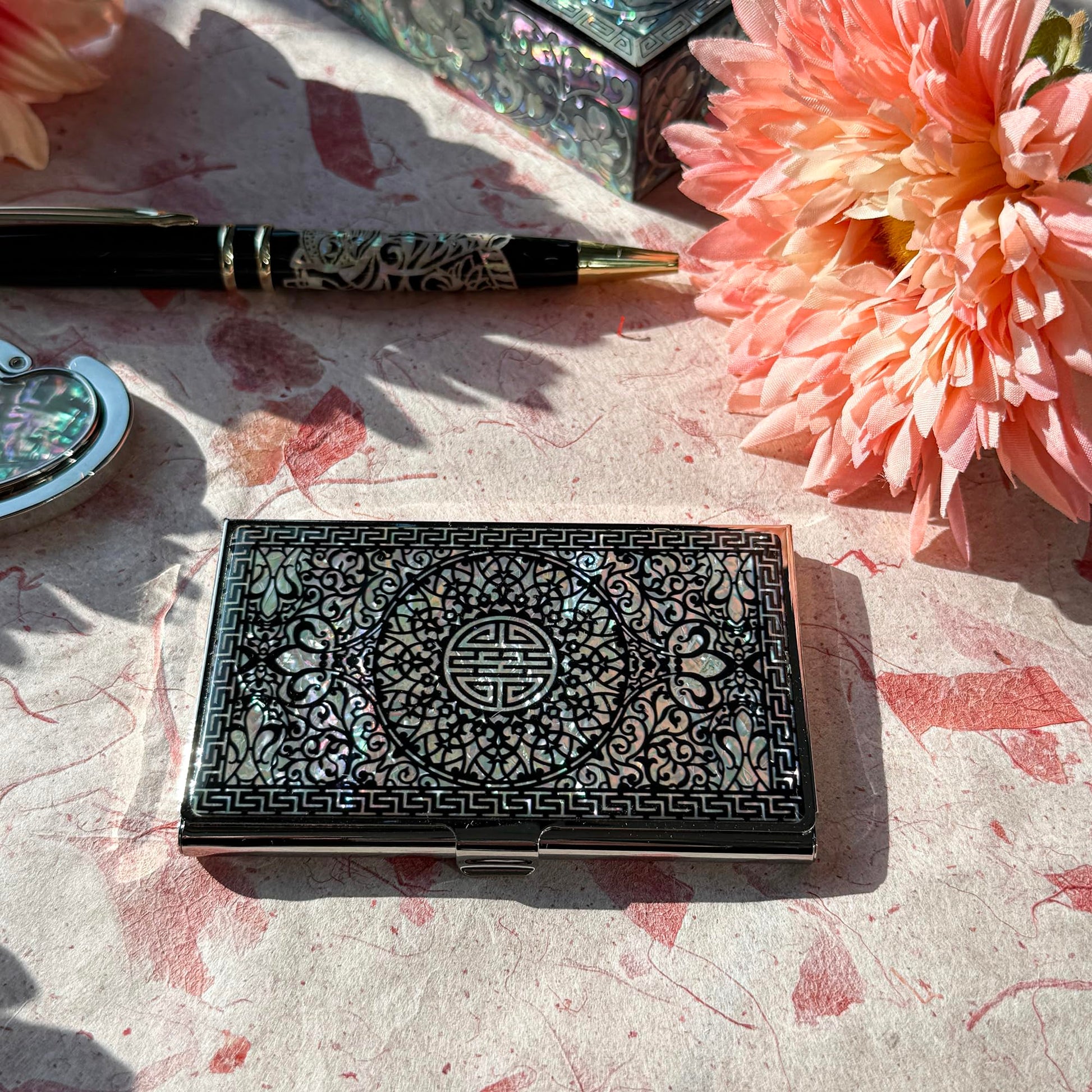 Nacreh Mother of Pearl Business Card Case Credit Id Name Holder Travel Wallet Art Painting Design
