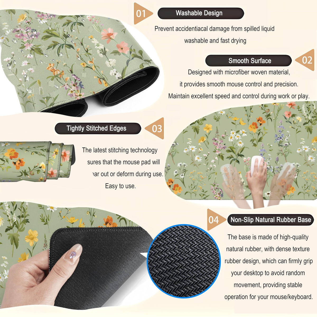 Cute Green Large Gaming Mouse Pad XXL Mousepad Sage Desk Mat with Stitched Edges, Aesthetic