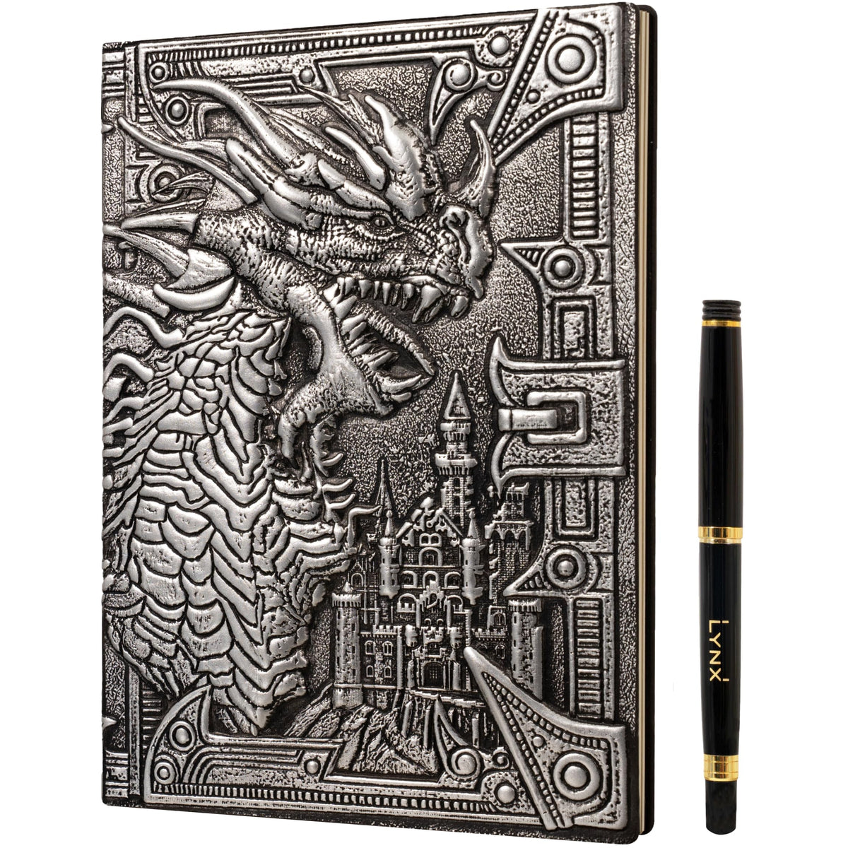 DND Notebook / Journal, Unique 200 Page Book with 3D Silver Dragon Embossed Faux Leather Cover with