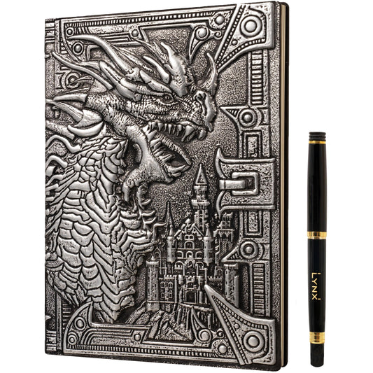 DND Notebook / Journal, Unique 200 Page Book with 3D Silver Dragon Embossed Faux Leather Cover with