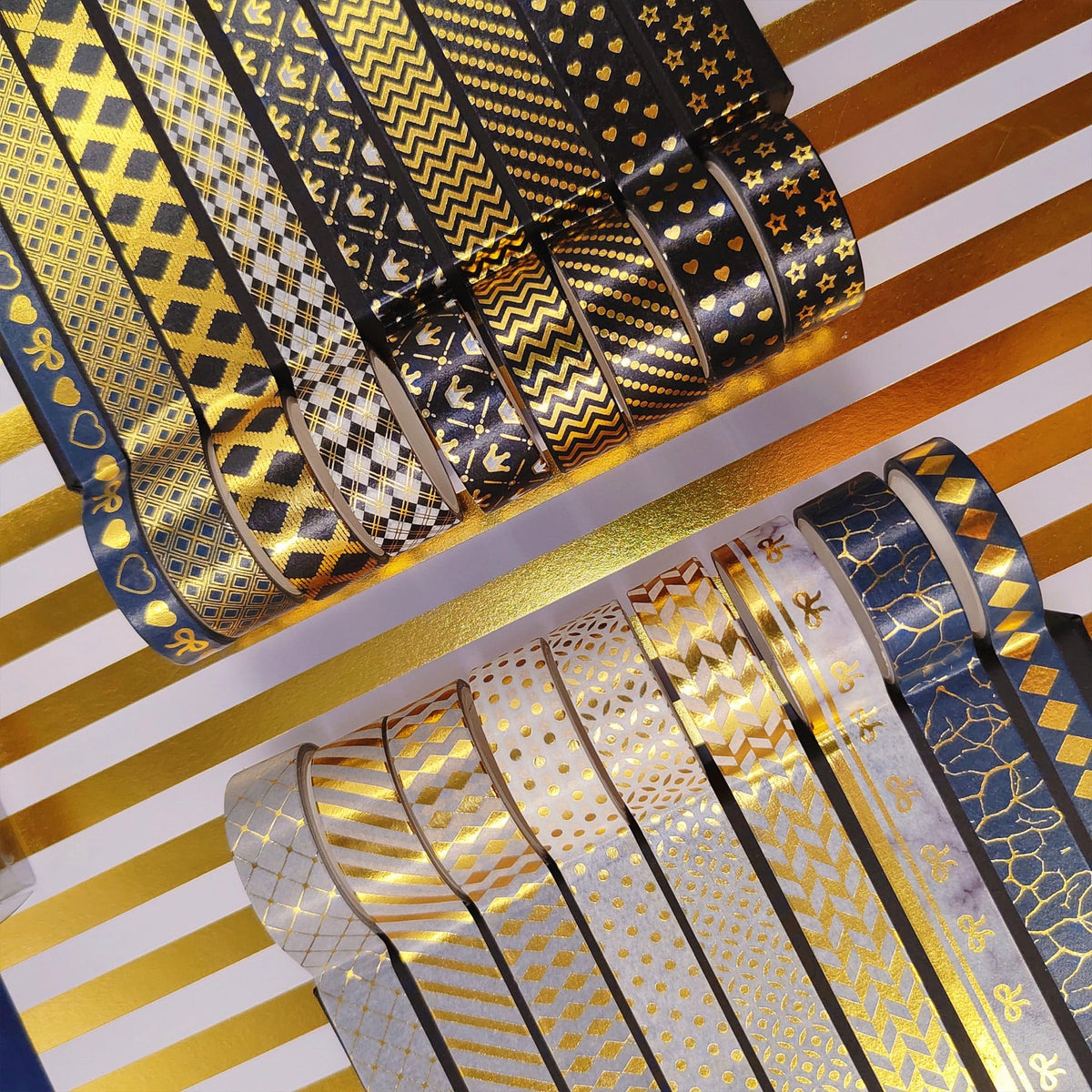 YUBBAEX 18 Rolls Black Gold Washi Tape Set Basic Patterns Foil Print Decorative Tapes for Arts, DIY
