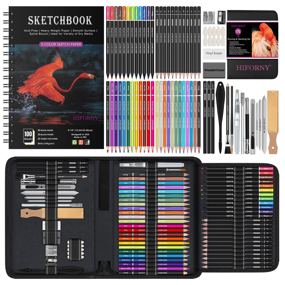 HIFORNY 176 PCS Art Supplies Drawing Set Sketching Kit with 100 Sheets 3-Color Sketchbook,Graphite