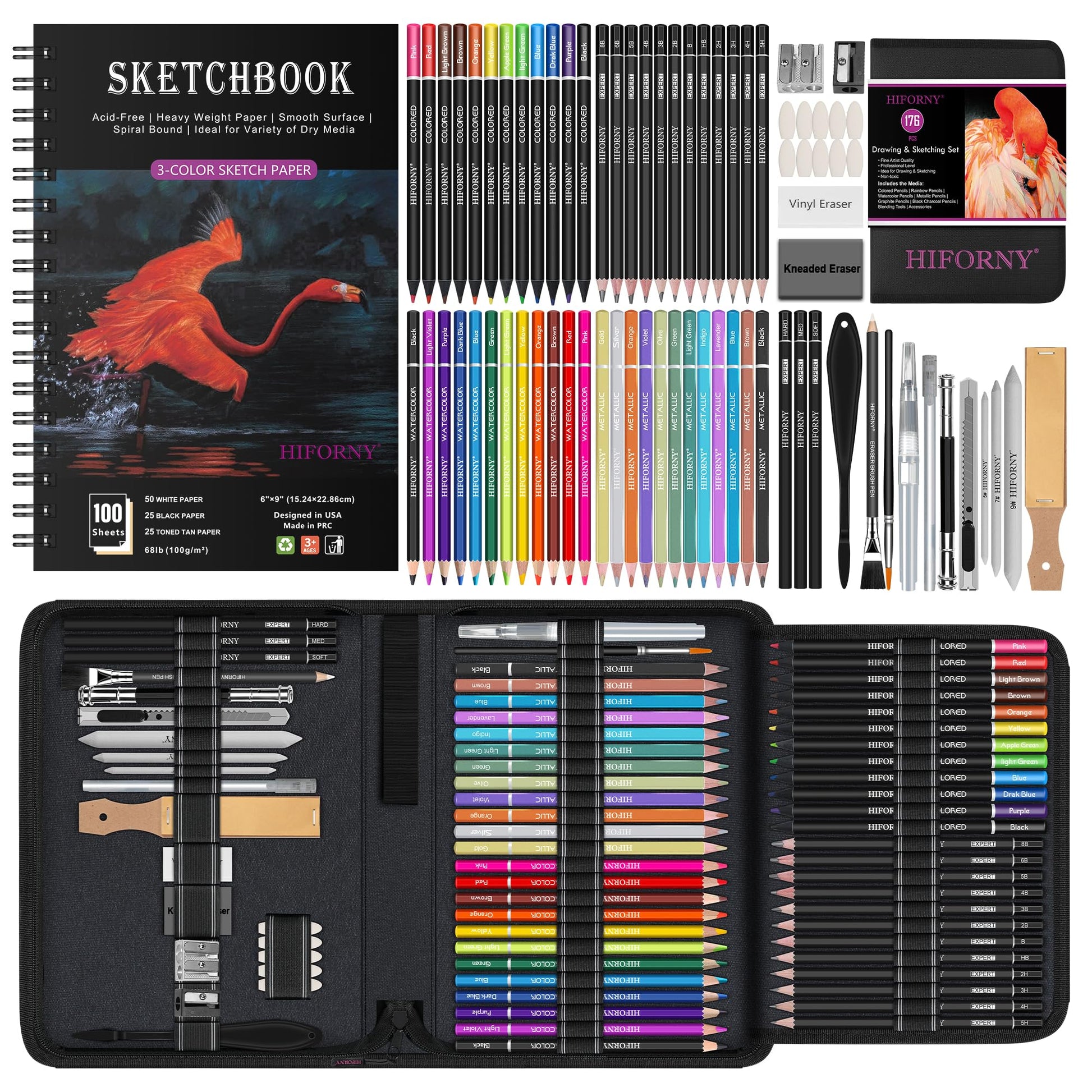 HIFORNY 176 PCS Art Supplies Drawing Set Sketching Kit with 100 Sheets 3-Color Sketchbook,Graphite