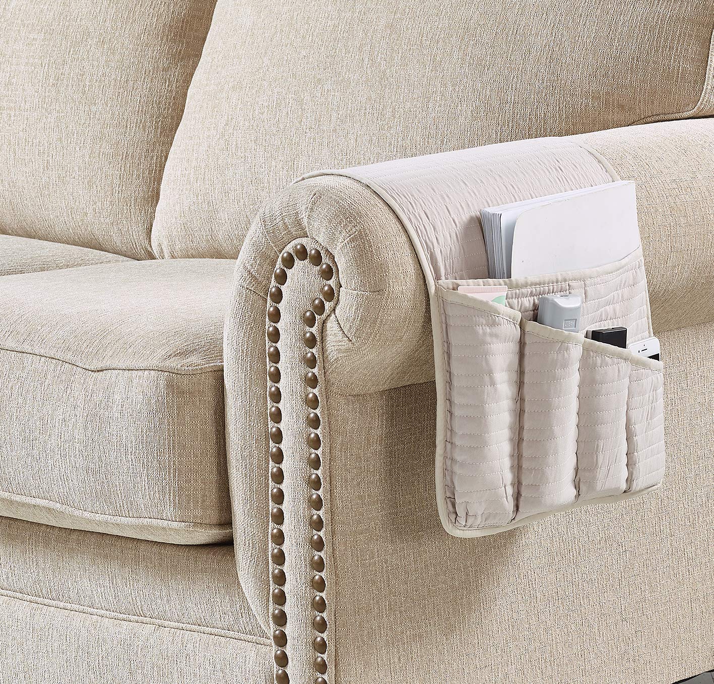 Brilliant Sunshine Light Beige Quilted Couch Armrest Cover, 35"×13"