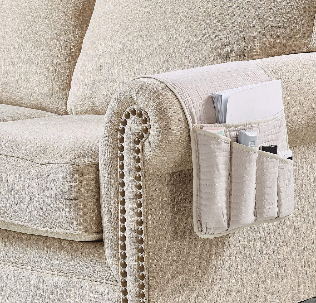 Brilliant Sunshine Light Beige Quilted Couch Armrest Cover, 35"×13"
