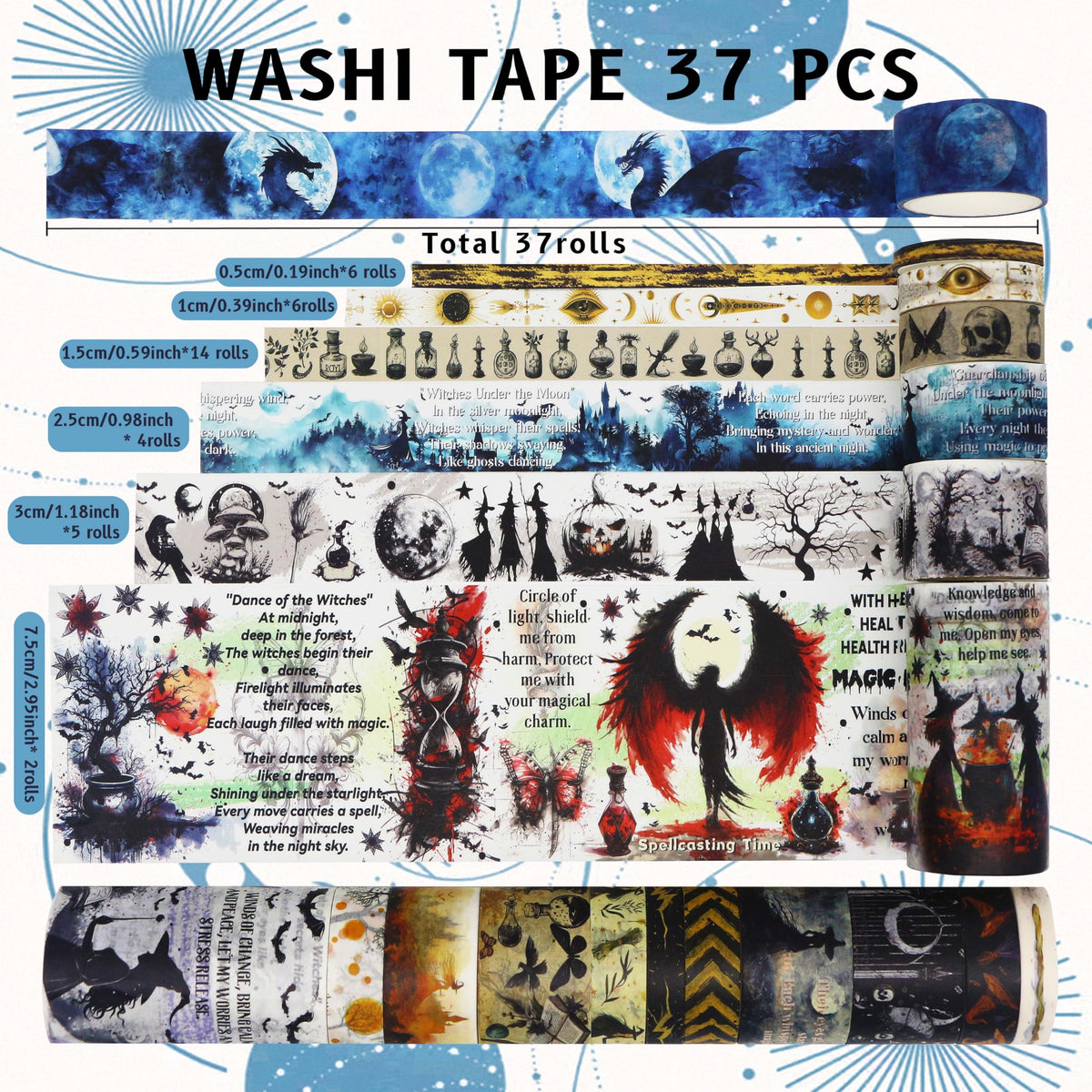MPOPUUL Washi Tape Set 37 Rolls - Witches Theme Colored Decorative Adhesive Tape for Journaling