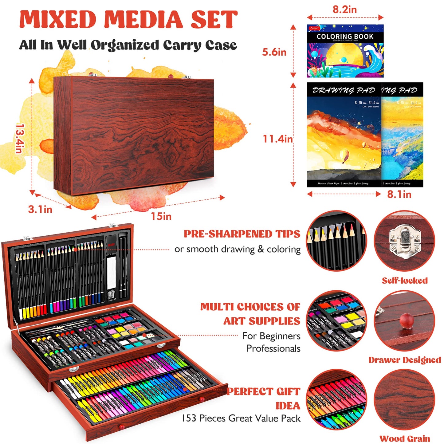 Caliart Art Supplies Kit, 153-Pack Deluxe Drawing Art Set Painting Coloring