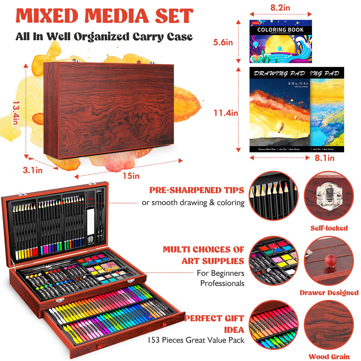 Caliart Art Supplies Kit, 153-Pack Deluxe Drawing Art Set Painting Coloring