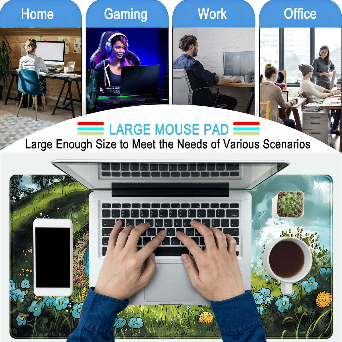 Cute Landscape Cartoons Desk Mat Aesthetic Gaming Mouse Pad XXL Large Extended Green Sage Desk Pad