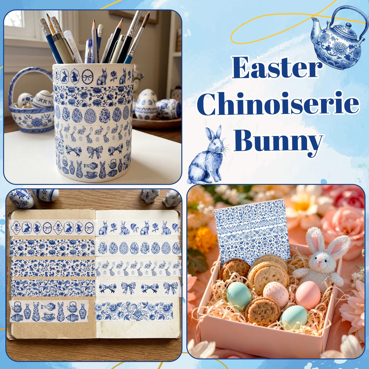 BkeeCten 12 Rolls Easter Chinoiserie Bunny Washi Tape for Gift Wrapping