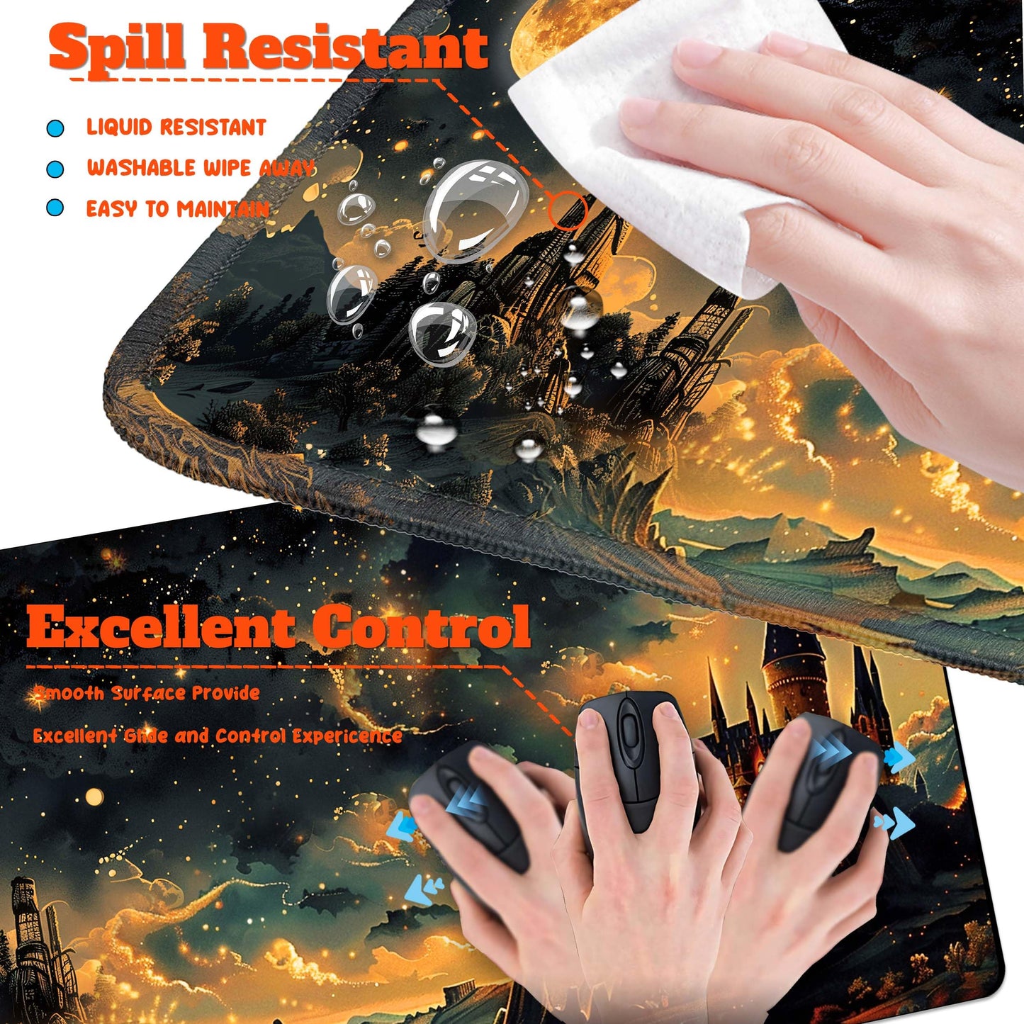 HaoSiTeck 4-Piece Extended Large Mouse Pad Set for Women Men with Castle Night Design Includes 35.4
