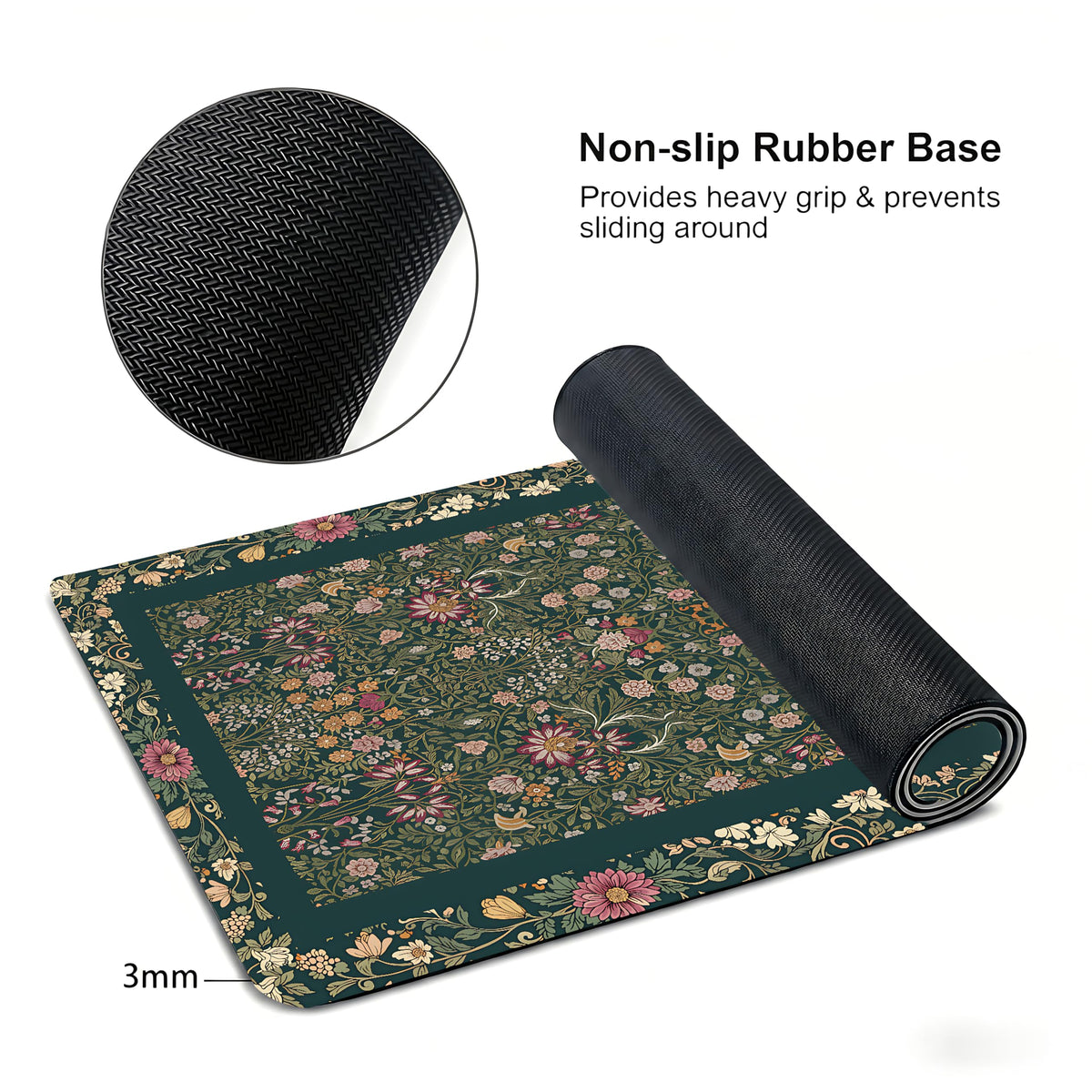 Cute Floral Aesthetic Daisy Gaming Mouse Pad, Dark Green Rug Desk Mat with Anti-Slip Base &