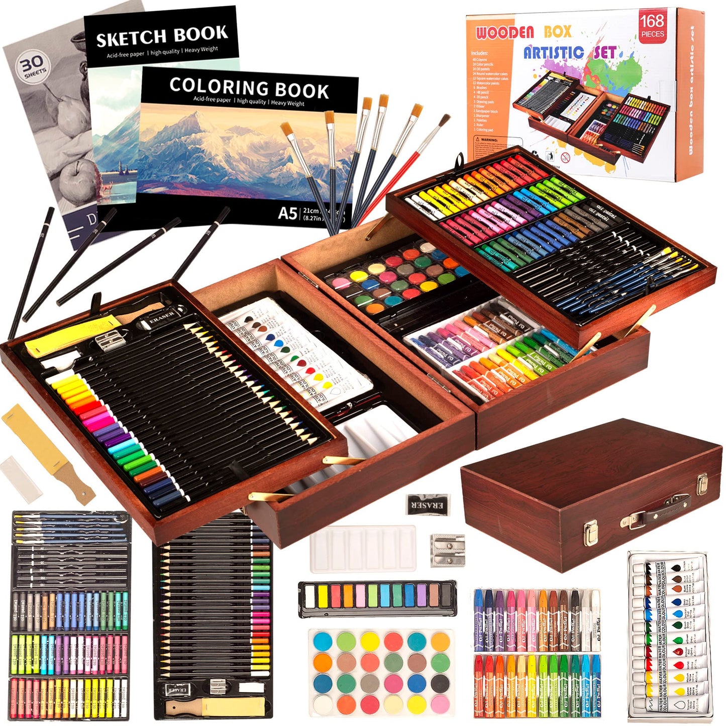 KINSPORY 168-Pack Art Supplies, Deluxe Wooden Art Set Crafts Drawing Painting Coloring Kit, 3 Pack