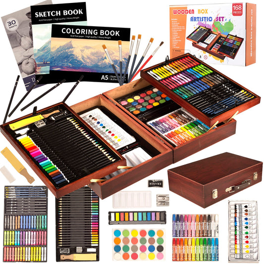 KINSPORY 168-Pack Art Supplies, Deluxe Wooden Art Set Crafts Drawing Painting Coloring Kit, 3 Pack