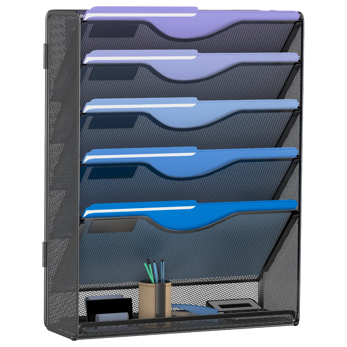 Gawerk 6 Tier Hanging File Organizer, Mesh Wall File Holder Paper Folder Rack with Bottom Flat Tray