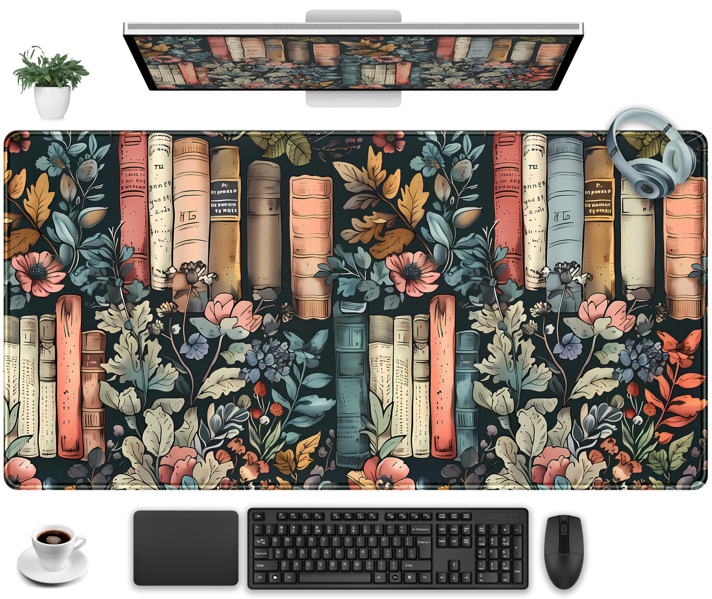 Floral Books Desk Mat Reading Desk Pad Mouse Mat XXL, Colorful Mouse Keyboard Pad Flower Bookshelf