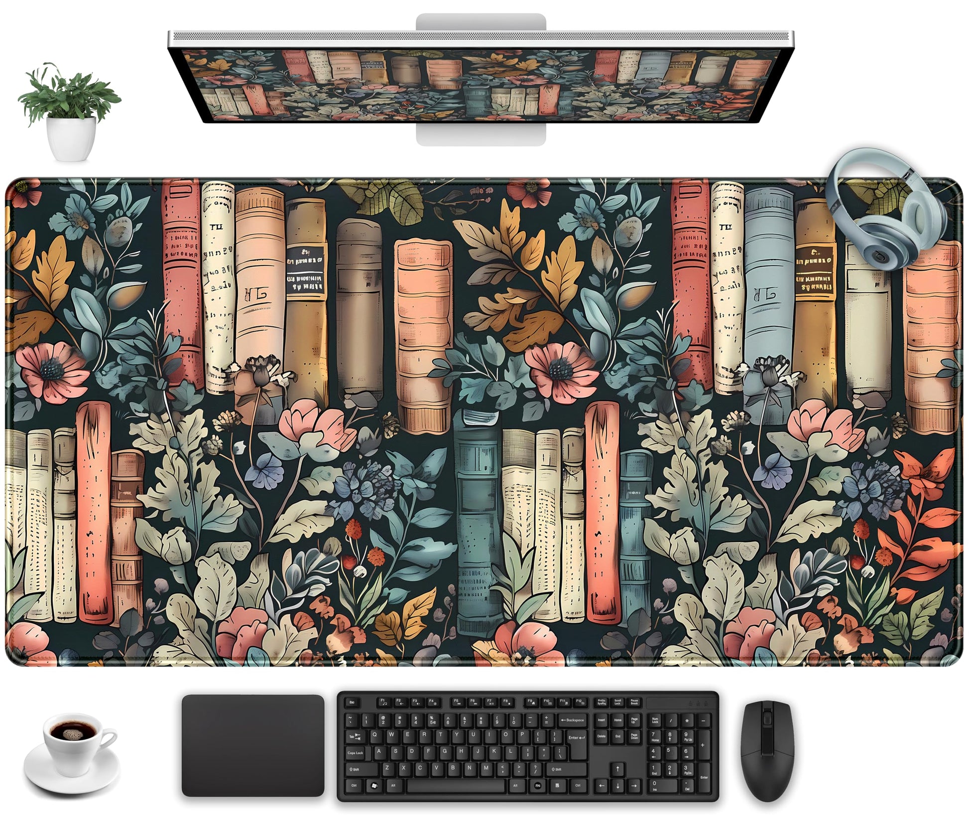 Floral Books Desk Mat Reading Desk Pad Mouse Mat XXL, Colorful Mouse Keyboard Pad Flower Bookshelf