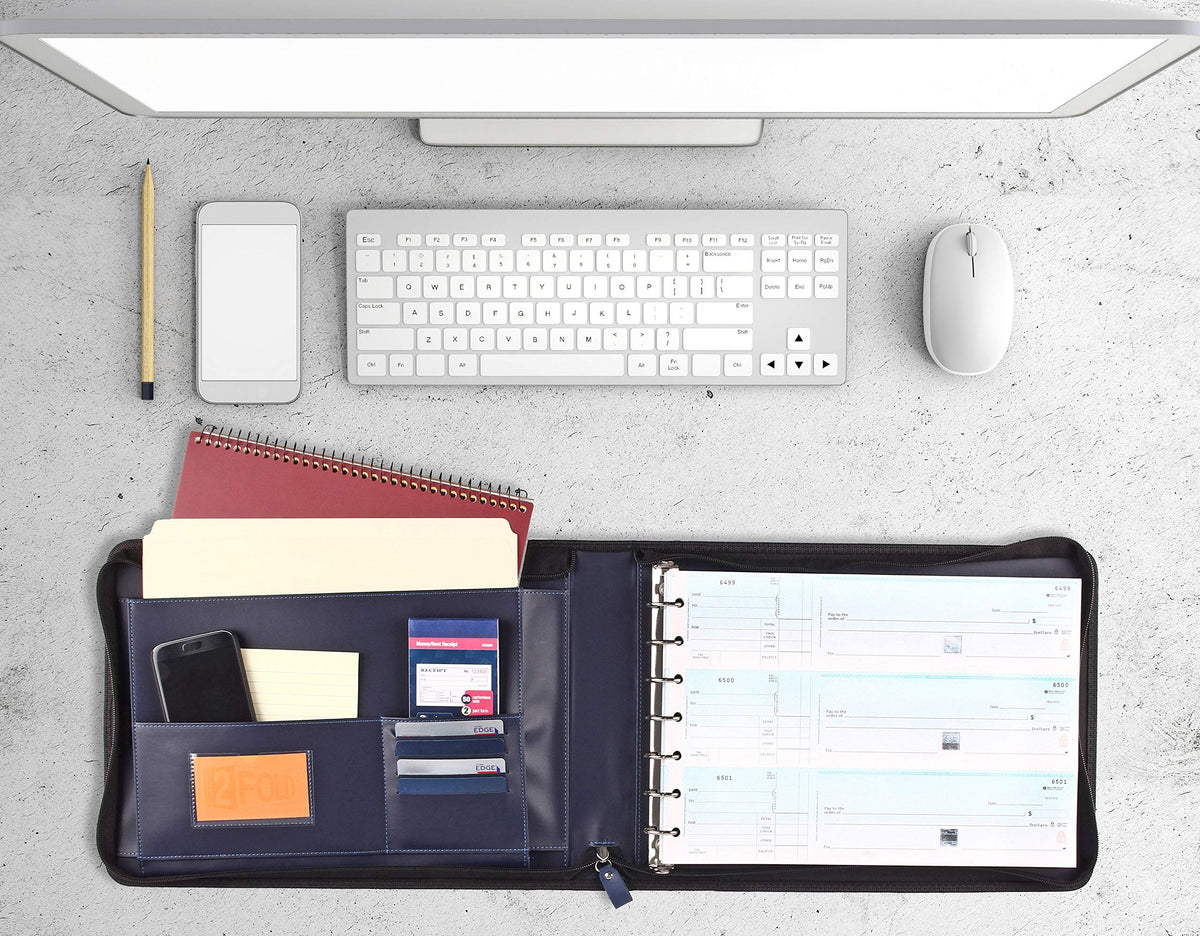2Fold Zippered Business Checkbook Binder - 7 Ring Binder for Business Checks with Built-in