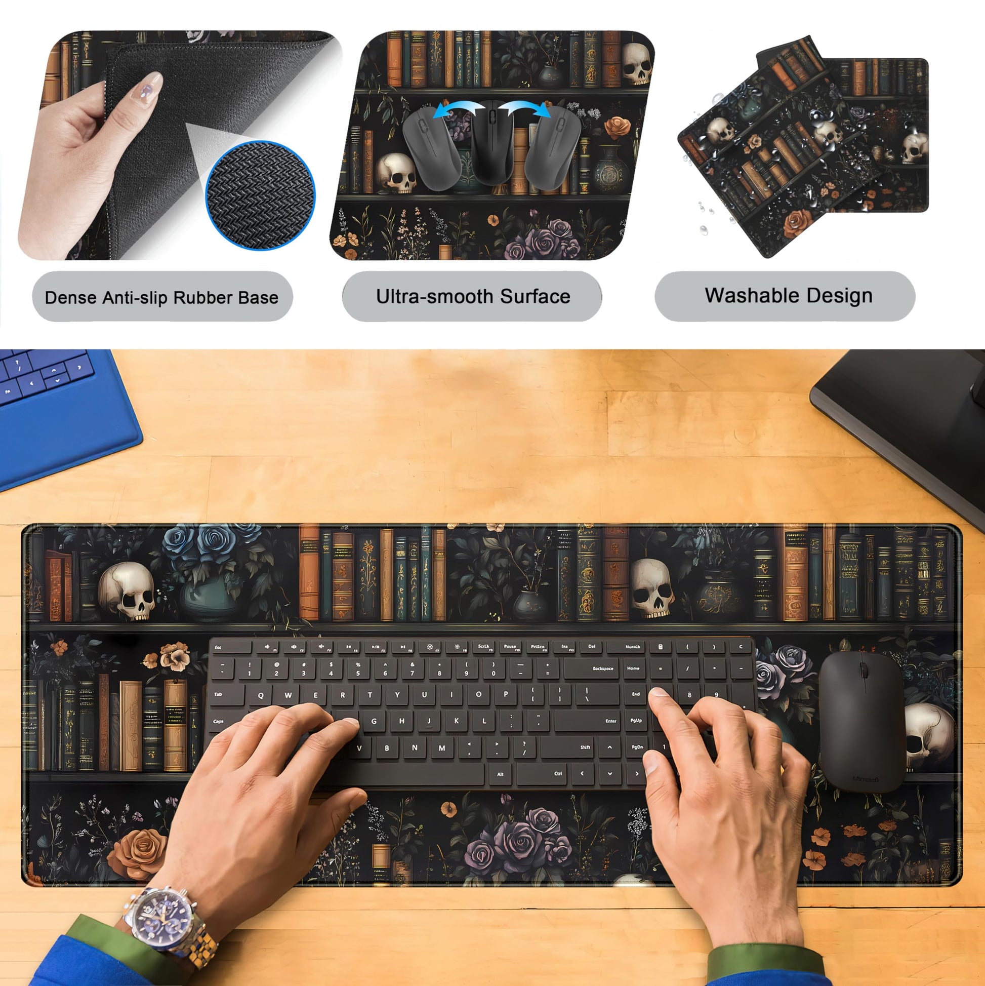 Dark Bookshelf Desk Pad Gothic Gaming Mouse Mat XL, Black Large Computer Keyboard Mat Mystery
