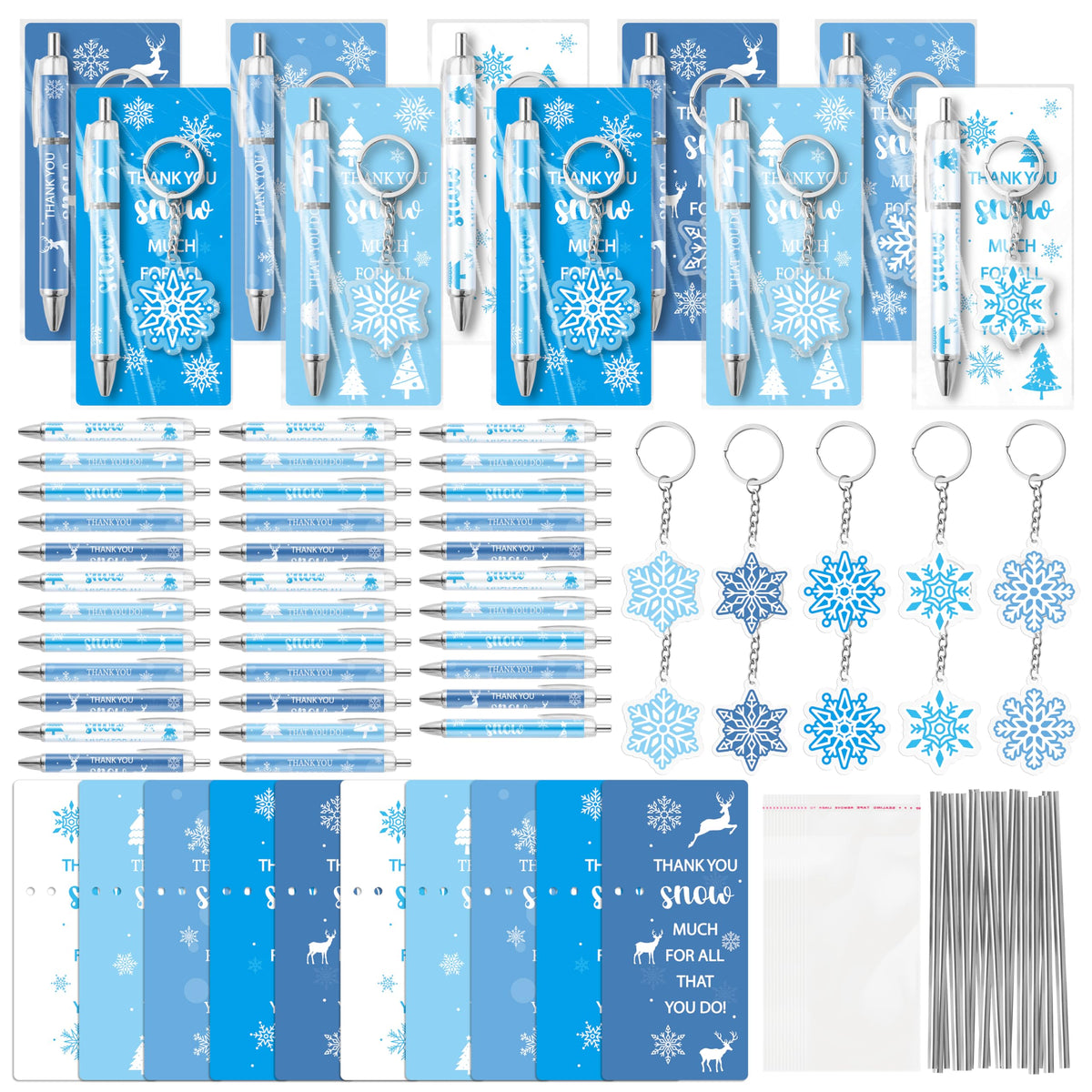 ANGOLIO Winter Snowflake Gifts Bulk 230Pcs Winter Snowflake Bookmarks Ballpoint Pens Keychains