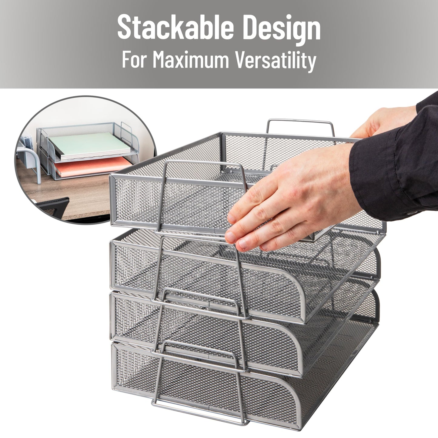 Mind Reader Stackable Paper Tray, Desktop Organizer, File Storage, Office, Metal Mesh, 4 Pcs.