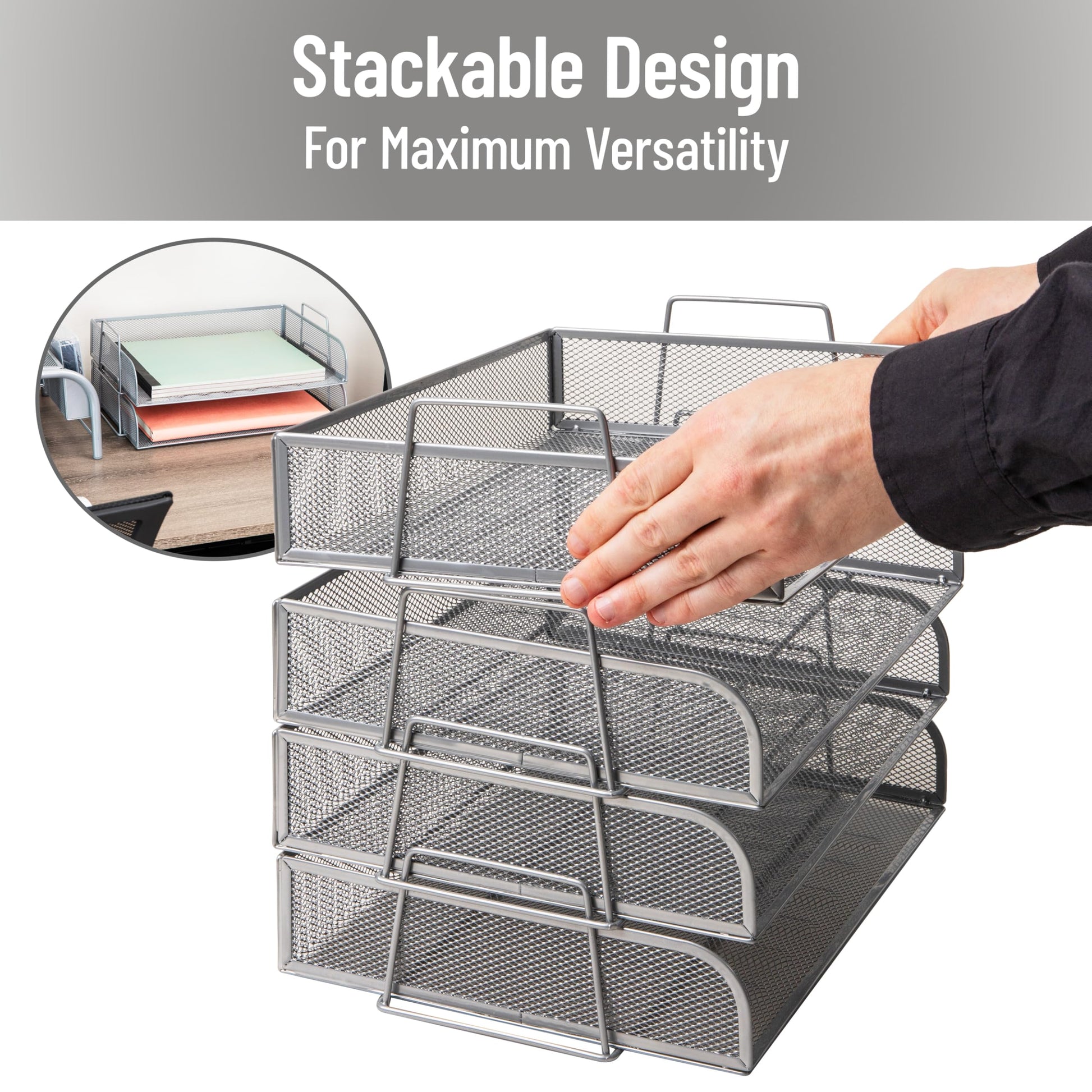 Mind Reader Stackable Paper Tray, Desktop Organizer, File Storage, Office, Metal Mesh, 4 Pcs.