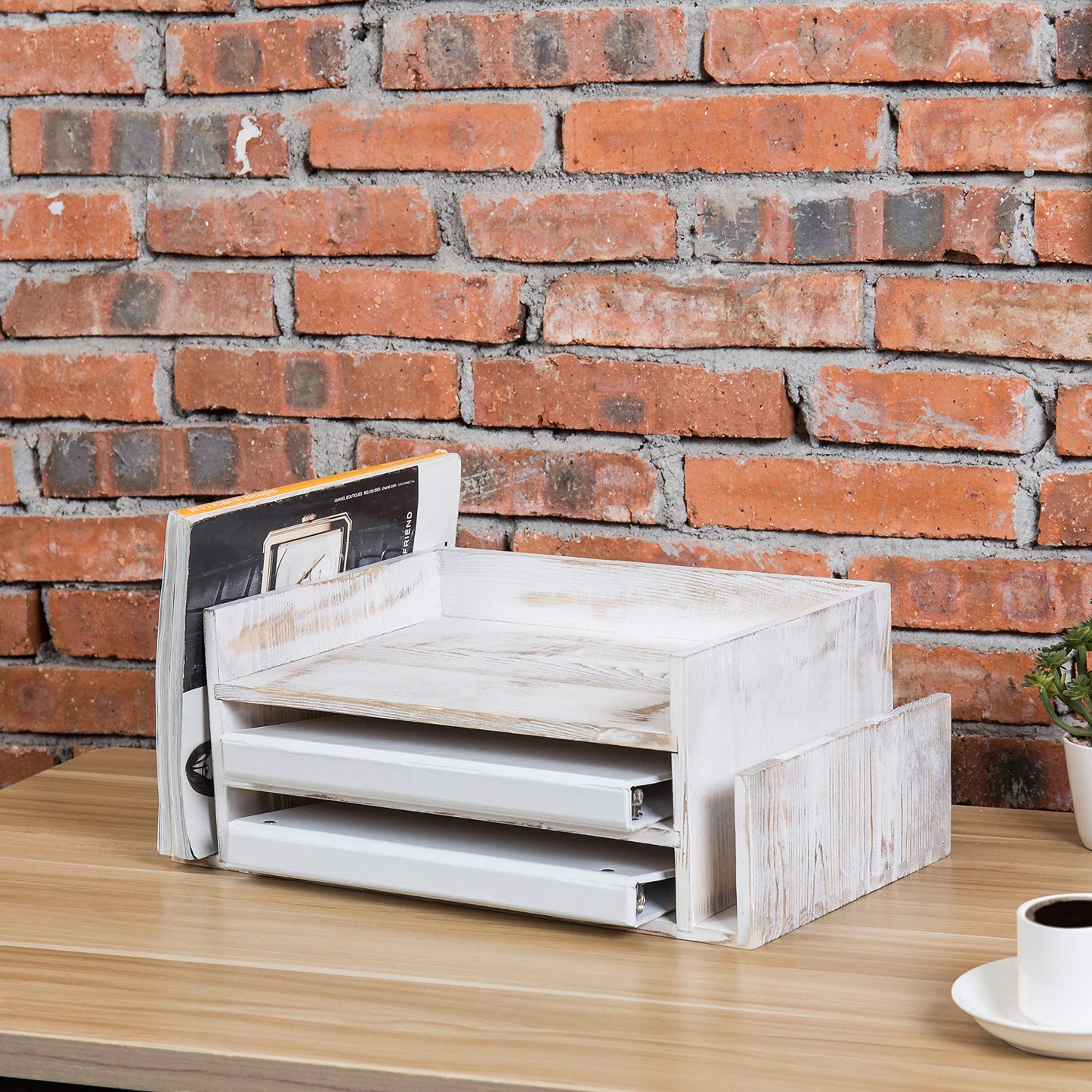 MyGift 3-Tier Desk Organizer & File Tray, Wood Letter Holder for Office, Farmhouse White Wood