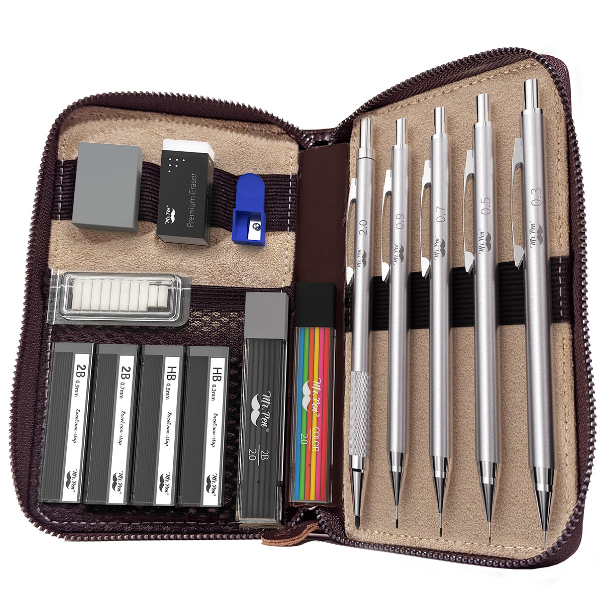 Mr. Pen- Metal Mechanical Pencil in Leather Case, 5 Pack, 5 Sizes, 0.3, 0.5