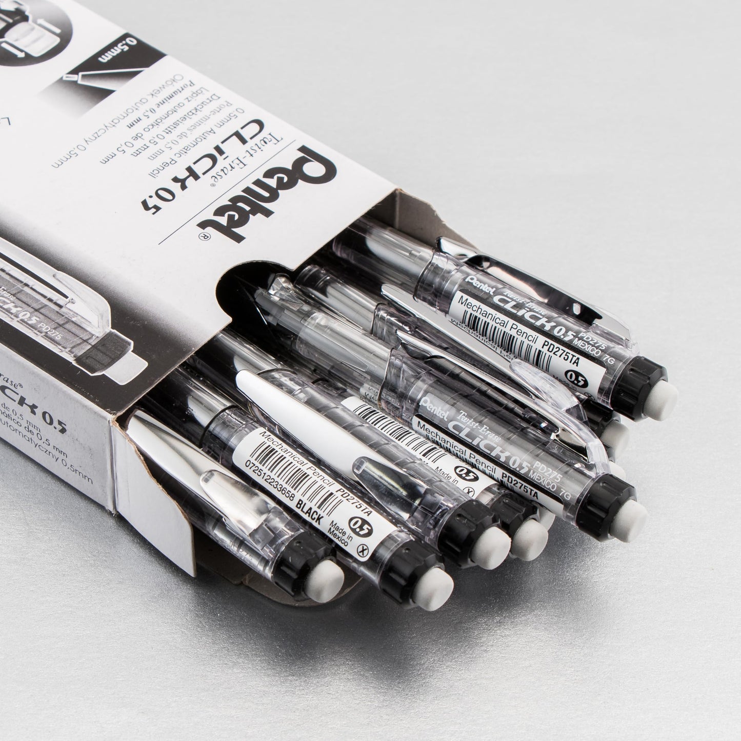 Pentel Twist Erase CLICK Mechanical Pencil, Pack of 12, (0.5mm), Clear Barrel, Black Grip, Box of