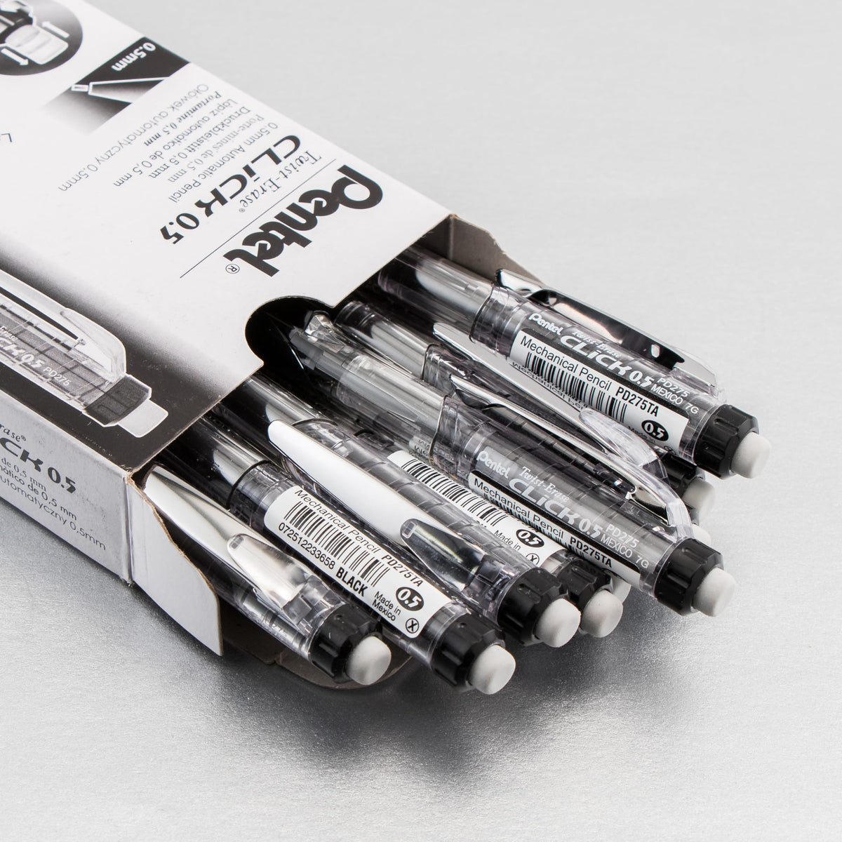 Pentel Twist Erase CLICK Mechanical Pencil, Pack of 12, (0.5mm), Clear Barrel, Black Grip, Box of