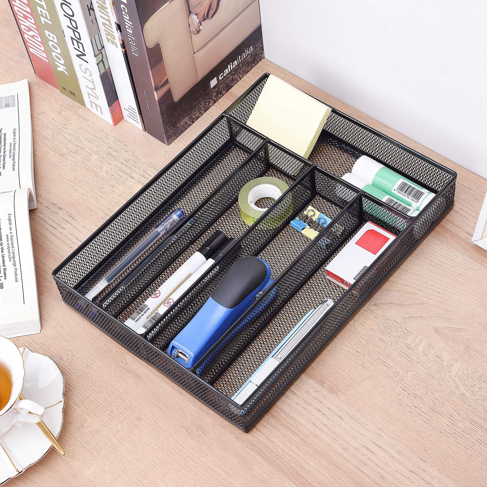WuGeShop Office Desk Drawer Organizer, 5 Compartments Mesh Drawer Organizer Tray for Storage Art