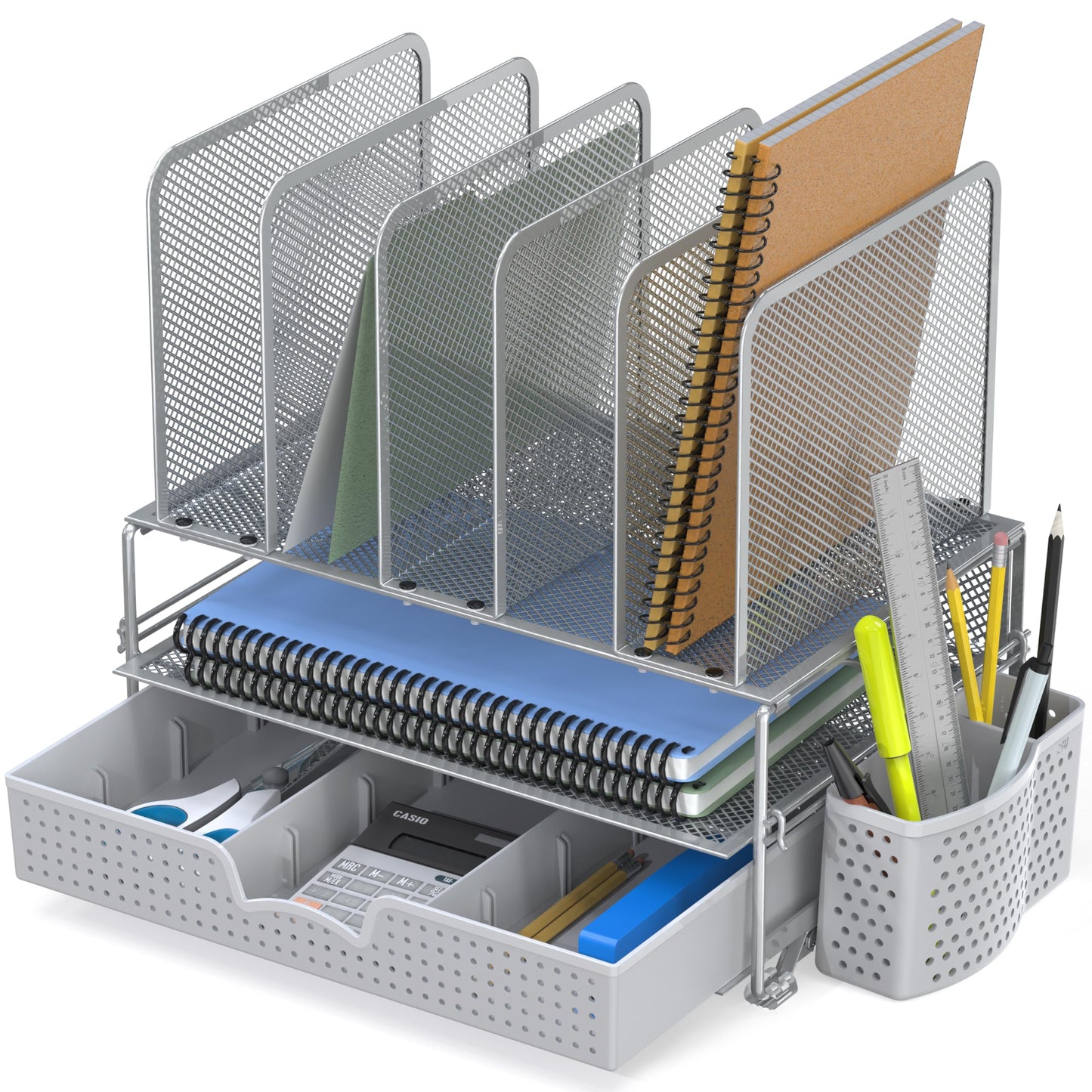 Simple Houseware Desk File Organizer for Office Supplies w/Drawer, Silver