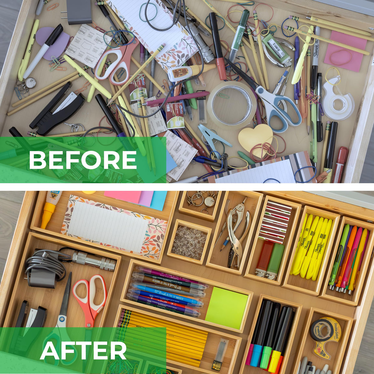 Grow Forward Bamboo Drawer Organizer Boxes - Set of 21 Wooden Drawer Organizers for Kitchen