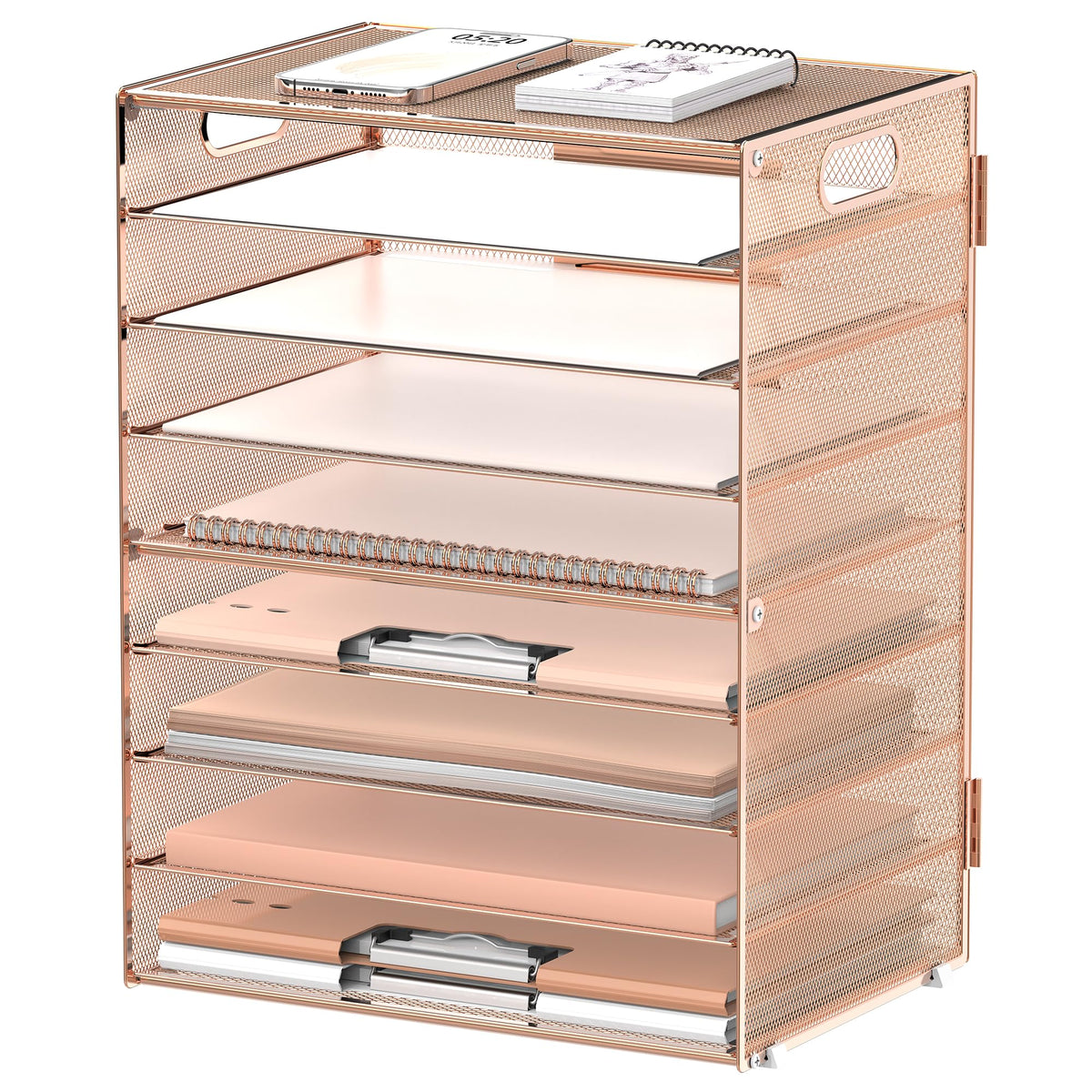 9-Tier Paper Organizer for Desk, Metal Letter Tray with Handles, Gold Rose