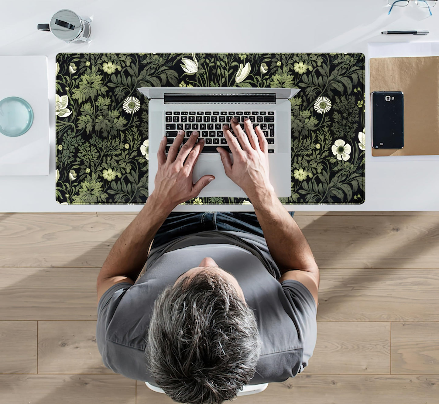 Dark Green Floral Plants XXL Gaming Mousepad & Desk Pad - Nature Leaf Flower Laptop Keyboard Mat