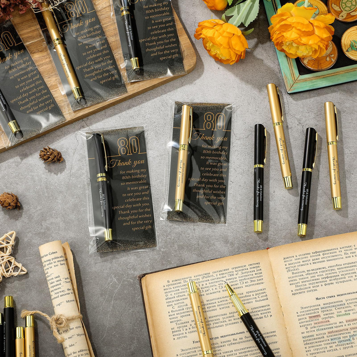 Feifeiya 50 Set 80th Birthday Favors with Black Gold Pens Cards