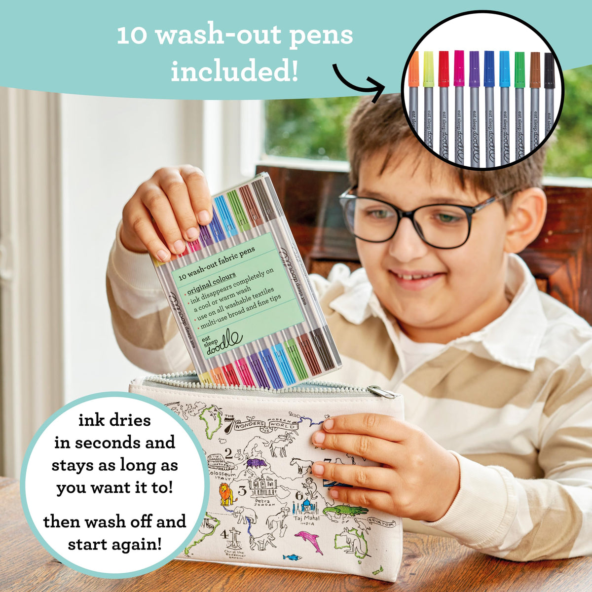 eatsleepdoodle Cotton World Map Coloring Pencil Case, 10pk Washable Markers