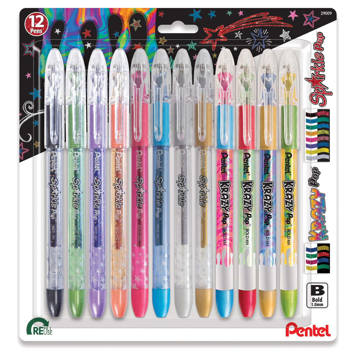 Pentel Sparkle and Krazy Pop, Metallic Gel Ink Pen, (1.0mm), Bold Line, Assorted Ink Colors, 12
