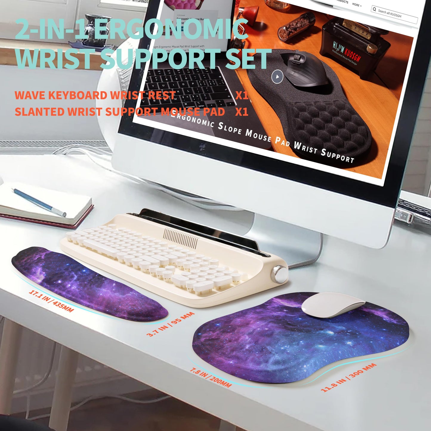 KUOSGM 2-in-1 Ergonomic Set, Wave Rise Keyboard Wrist Rest and Massage Bulge Slope Mouse Pad Wrist