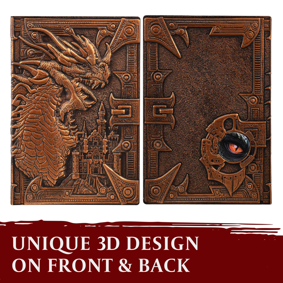 DND Notebook / Journal, Unique 200 Page Book with 3D Bronze Dragon Embossed Faux Leather Cover with