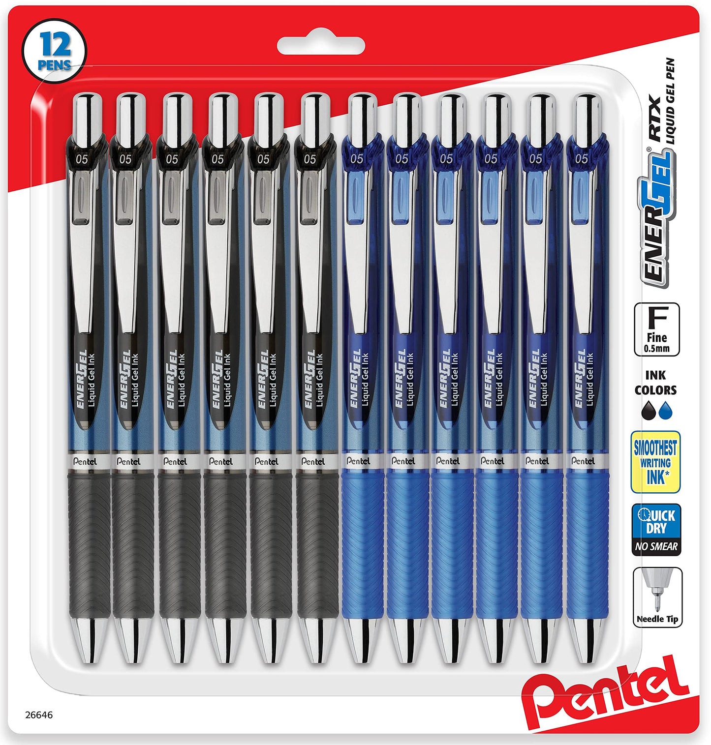 Pentel Energel 0.5 mm Rtx Retractable, 12 Pack of 6 Black & 6 Blue Ink Pens Needle Tip, Pens 0.5 mm