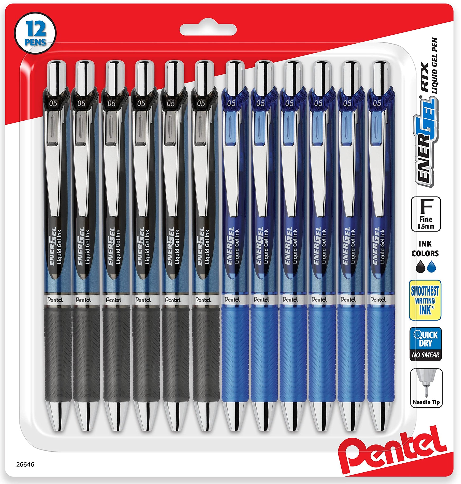 Pentel Energel 0.5 mm Rtx Retractable, 12 Pack of 6 Black & 6 Blue Ink Pens Needle Tip, Pens 0.5 mm