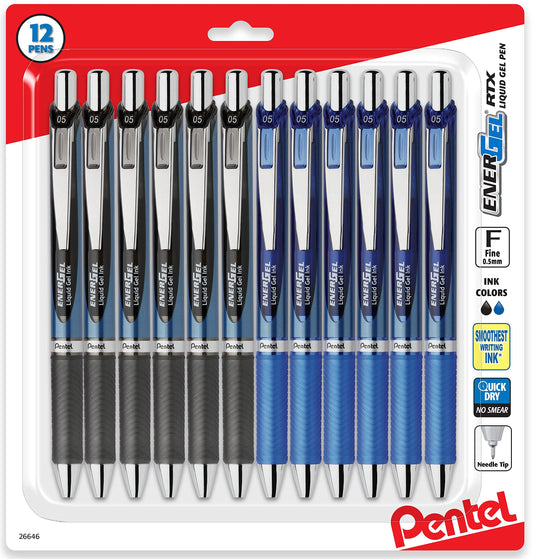 Pentel Energel 0.5 mm Rtx Retractable, 12 Pack of 6 Black & 6 Blue Ink Pens Needle Tip, Pens 0.5 mm