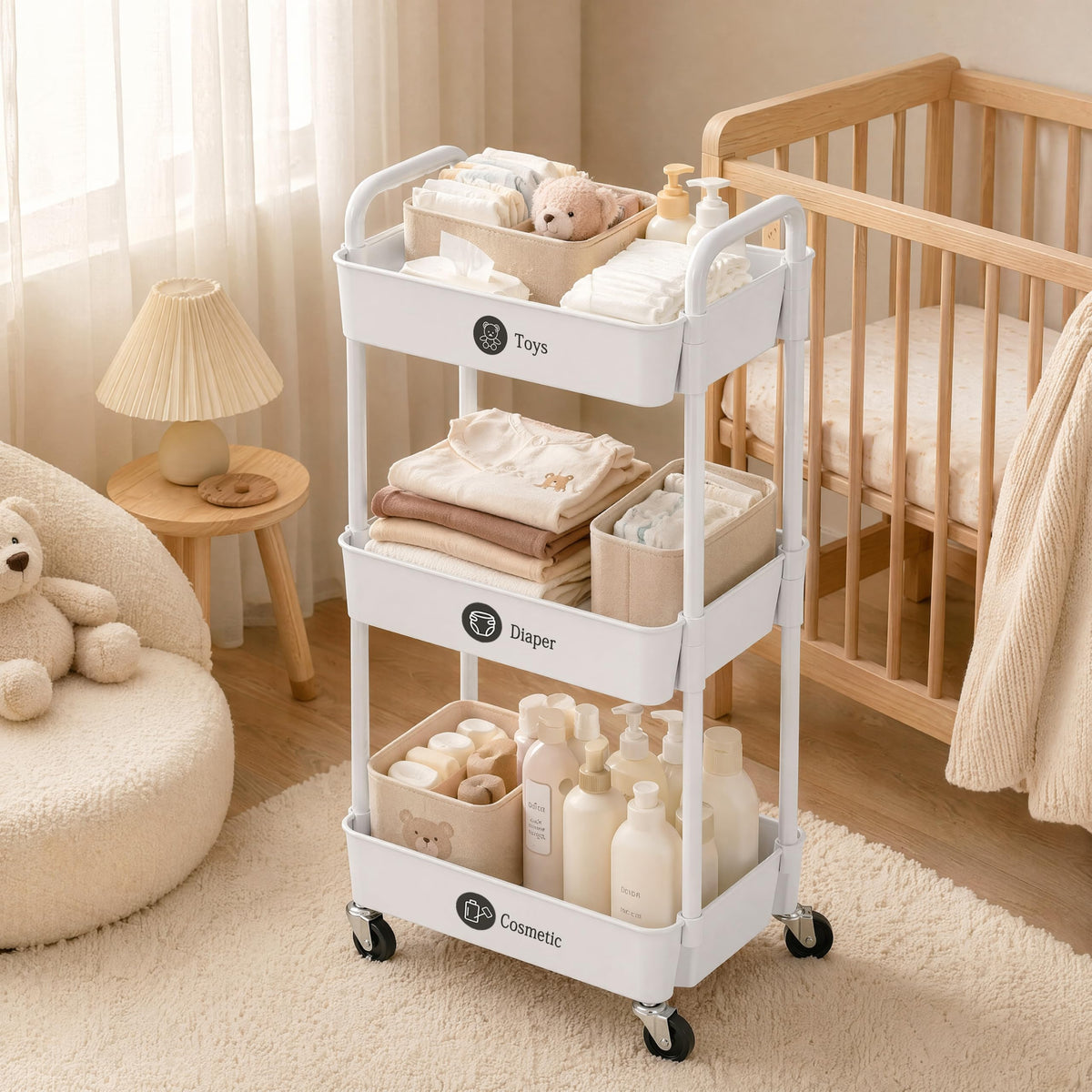3 Tier Rolling Cart with Wheels, Utility Storage Carts,White