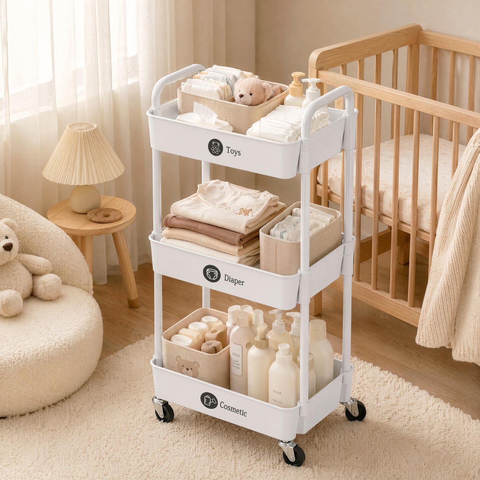 3 Tier Rolling Cart with Wheels, Utility Storage Carts,White